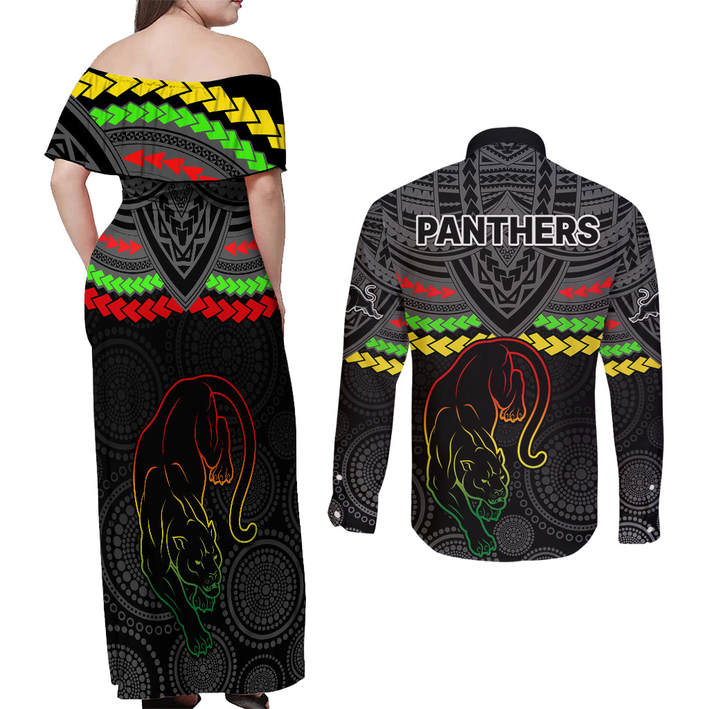 panthers-rugby-couples-matching-off-shoulder-maxi-dress-and-long-sleeve-button-shirts-polynesian-and-aboriginal-vibe