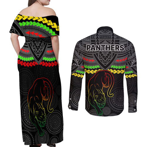 panthers-rugby-couples-matching-off-shoulder-maxi-dress-and-long-sleeve-button-shirts-polynesian-and-aboriginal-vibe