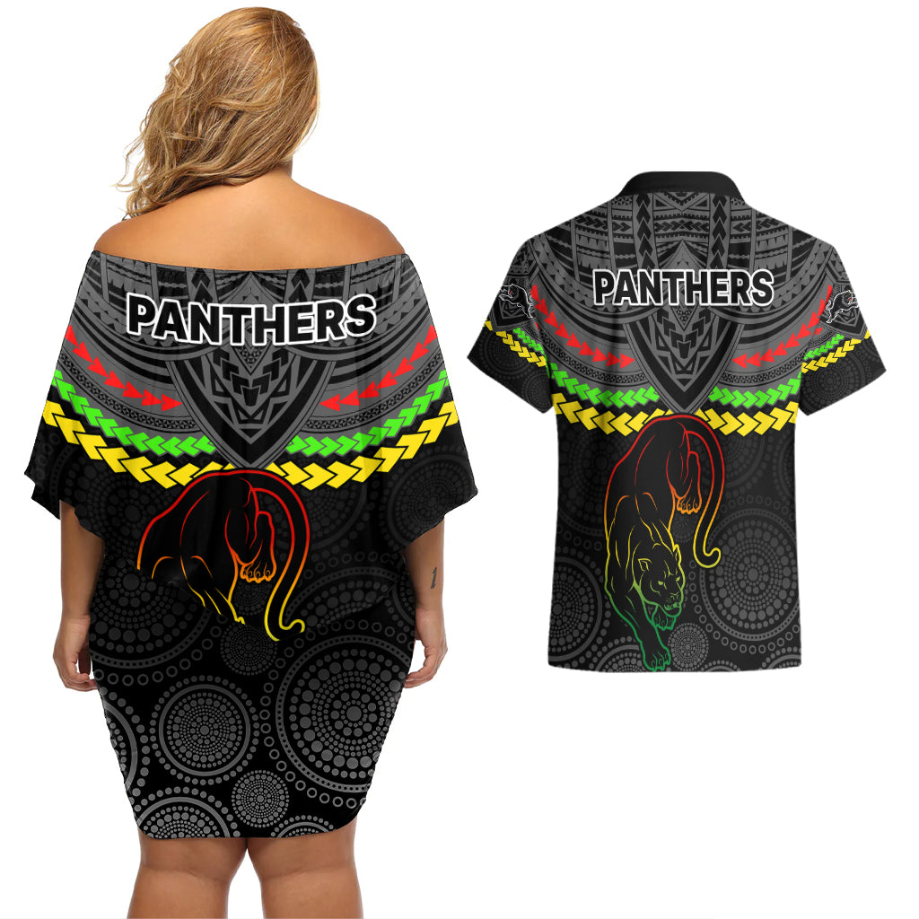 panthers-rugby-couples-matching-off-shoulder-short-dress-and-hawaiian-shirt-polynesian-and-aboriginal-vibe