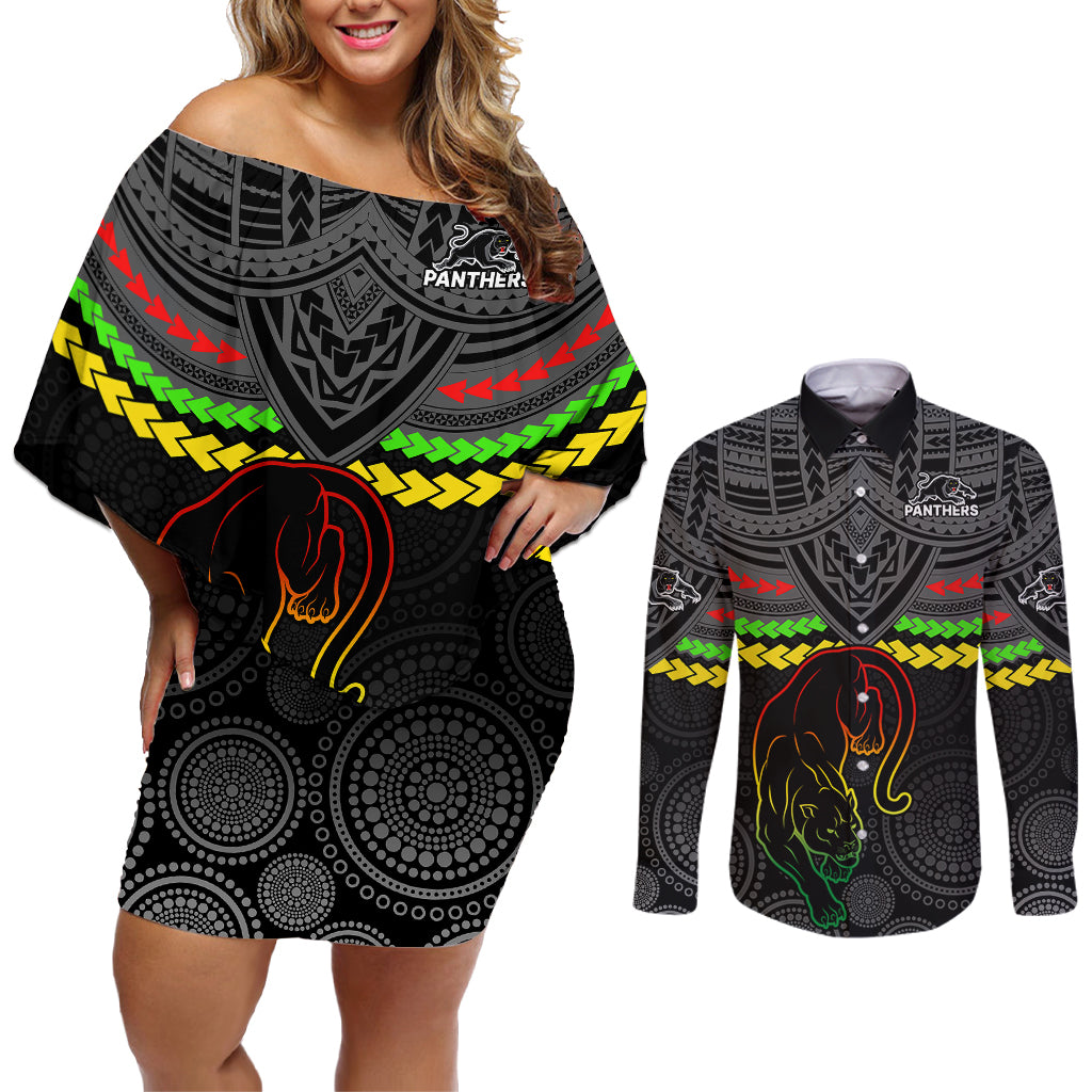 panthers-rugby-couples-matching-off-shoulder-short-dress-and-long-sleeve-button-shirts-polynesian-and-aboriginal-vibe