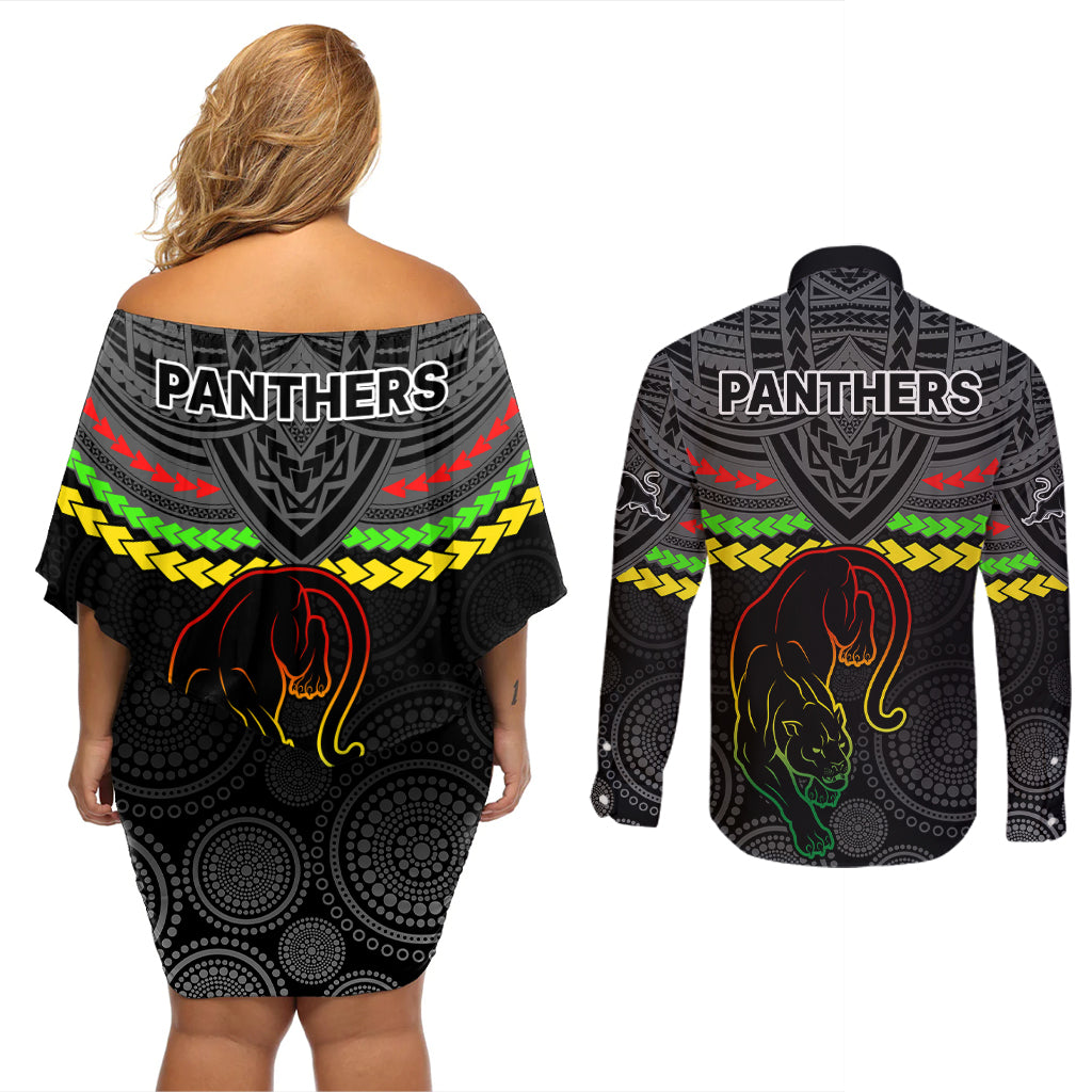 panthers-rugby-couples-matching-off-shoulder-short-dress-and-long-sleeve-button-shirts-polynesian-and-aboriginal-vibe