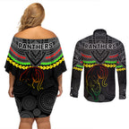 panthers-rugby-couples-matching-off-shoulder-short-dress-and-long-sleeve-button-shirts-polynesian-and-aboriginal-vibe