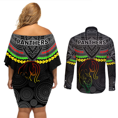 panthers-rugby-couples-matching-off-shoulder-short-dress-and-long-sleeve-button-shirts-polynesian-and-aboriginal-vibe