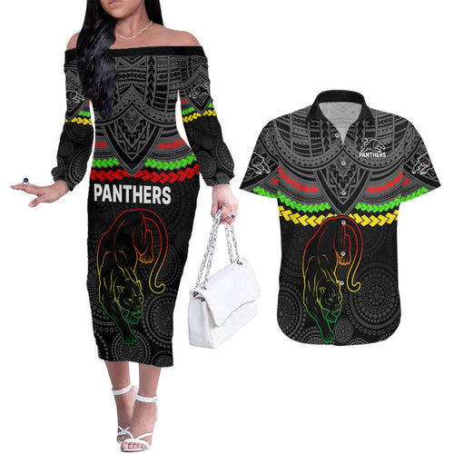 panthers-rugby-couples-matching-off-the-shoulder-long-sleeve-dress-and-hawaiian-shirt-polynesian-and-aboriginal-vibe