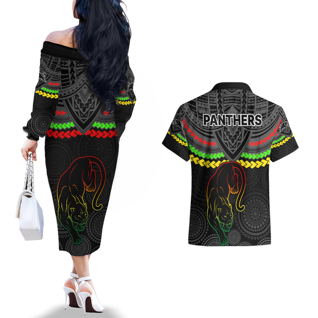 panthers-rugby-couples-matching-off-the-shoulder-long-sleeve-dress-and-hawaiian-shirt-polynesian-and-aboriginal-vibe