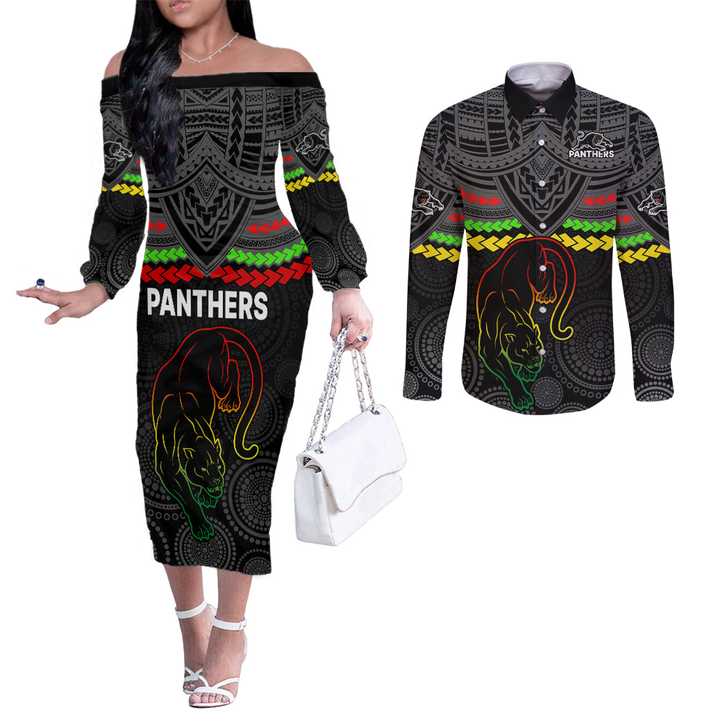 panthers-rugby-couples-matching-off-the-shoulder-long-sleeve-dress-and-long-sleeve-button-shirts-polynesian-and-aboriginal-vibe