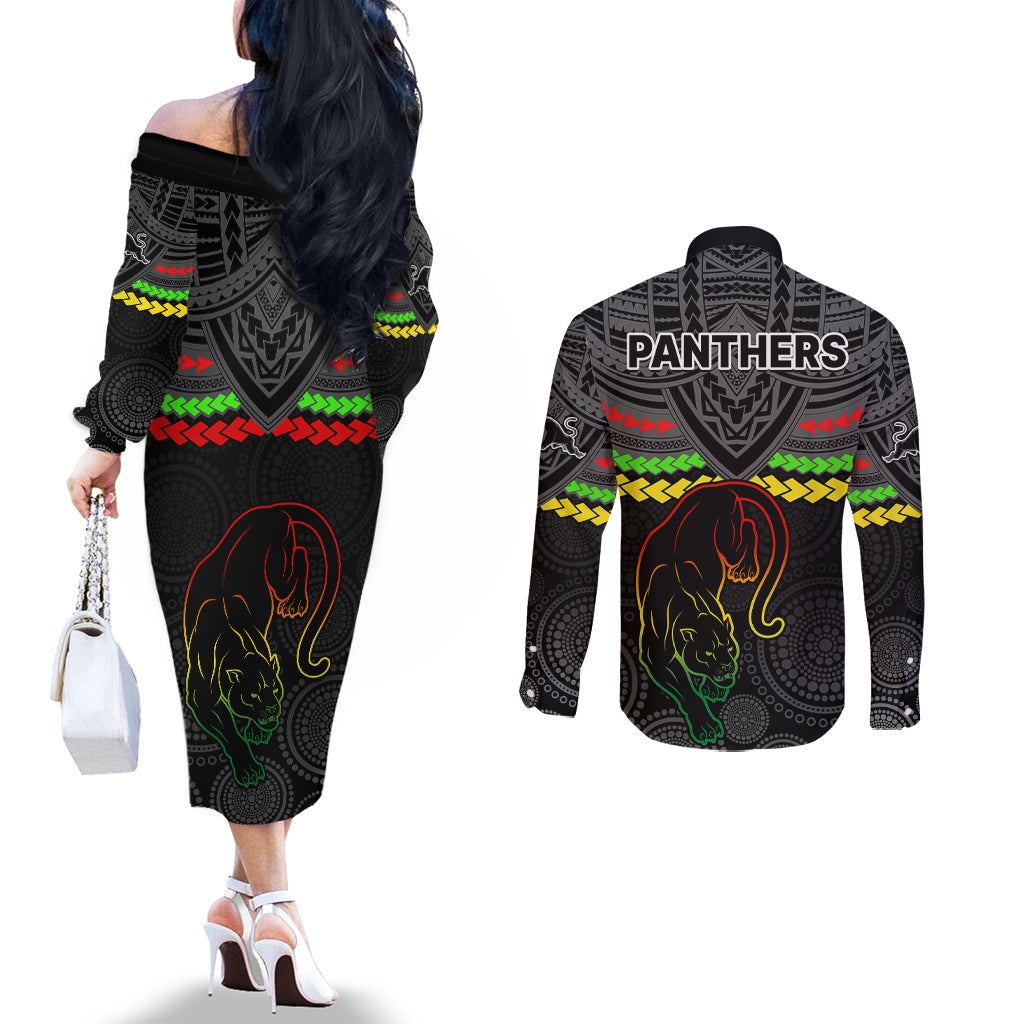 panthers-rugby-couples-matching-off-the-shoulder-long-sleeve-dress-and-long-sleeve-button-shirts-polynesian-and-aboriginal-vibe
