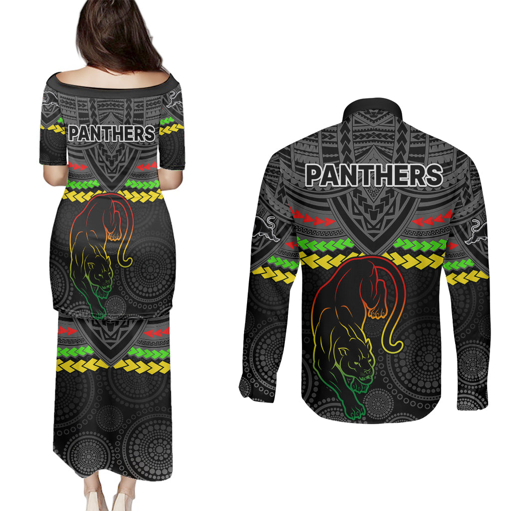 panthers-rugby-couples-matching-puletasi-dress-and-long-sleeve-button-shirts-polynesian-and-aboriginal-vibe