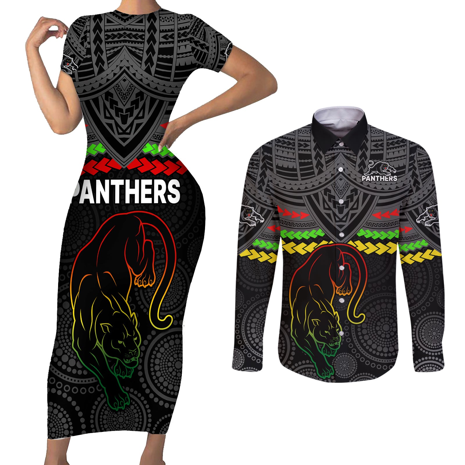 panthers-rugby-couples-matching-short-sleeve-bodycon-dress-and-long-sleeve-button-shirts-polynesian-and-aboriginal-vibe