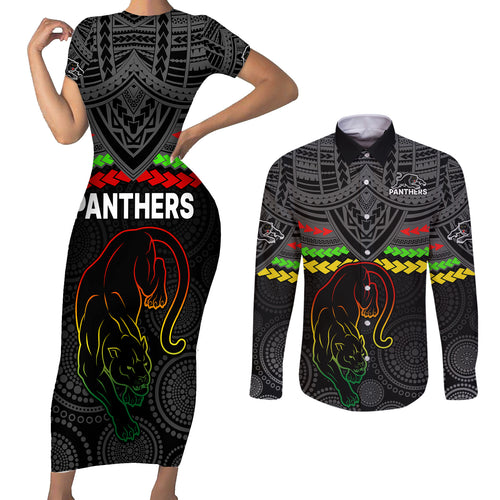 panthers-rugby-couples-matching-short-sleeve-bodycon-dress-and-long-sleeve-button-shirts-polynesian-and-aboriginal-vibe