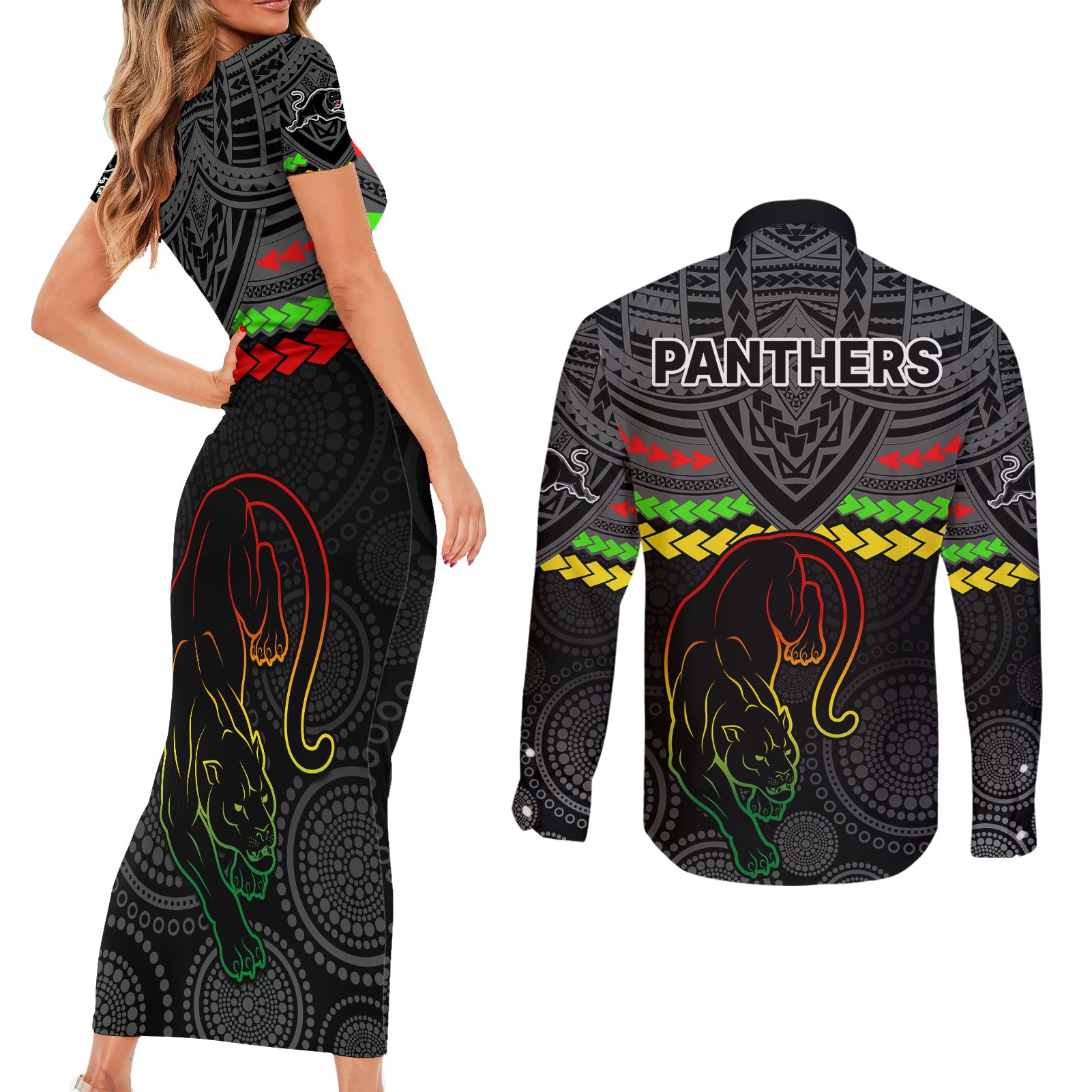 panthers-rugby-couples-matching-short-sleeve-bodycon-dress-and-long-sleeve-button-shirts-polynesian-and-aboriginal-vibe