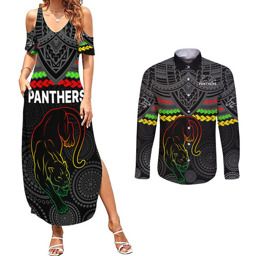 panthers-rugby-couples-matching-summer-maxi-dress-and-long-sleeve-button-shirts-polynesian-and-aboriginal-vibe