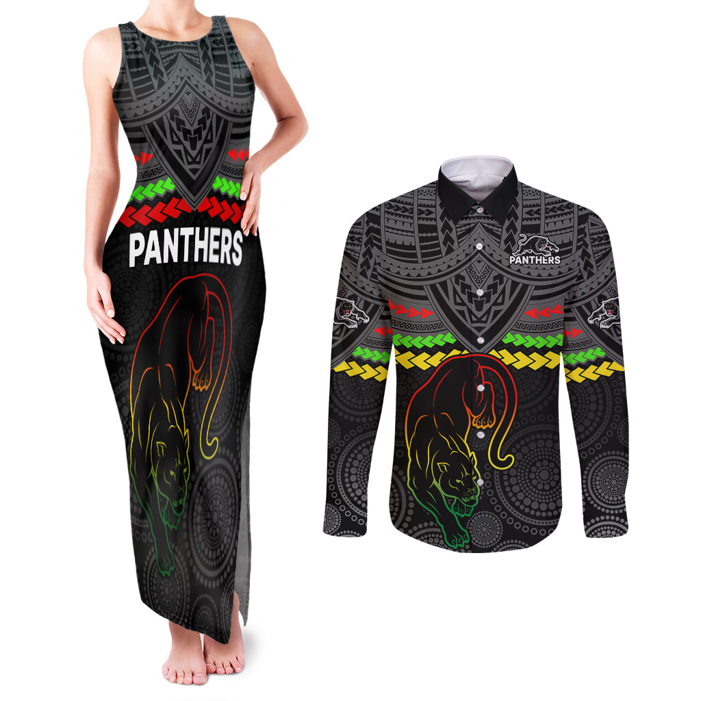 panthers-rugby-couples-matching-tank-maxi-dress-and-long-sleeve-button-shirts-polynesian-and-aboriginal-vibe