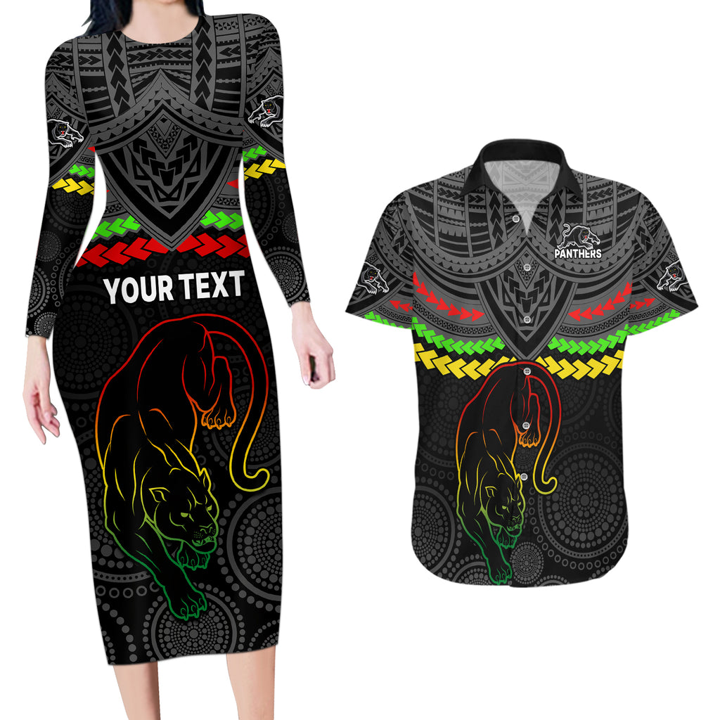 custom-panthers-rugby-couples-matching-long-sleeve-bodycon-dress-and-hawaiian-shirt-polynesian-and-aboriginal-vibe