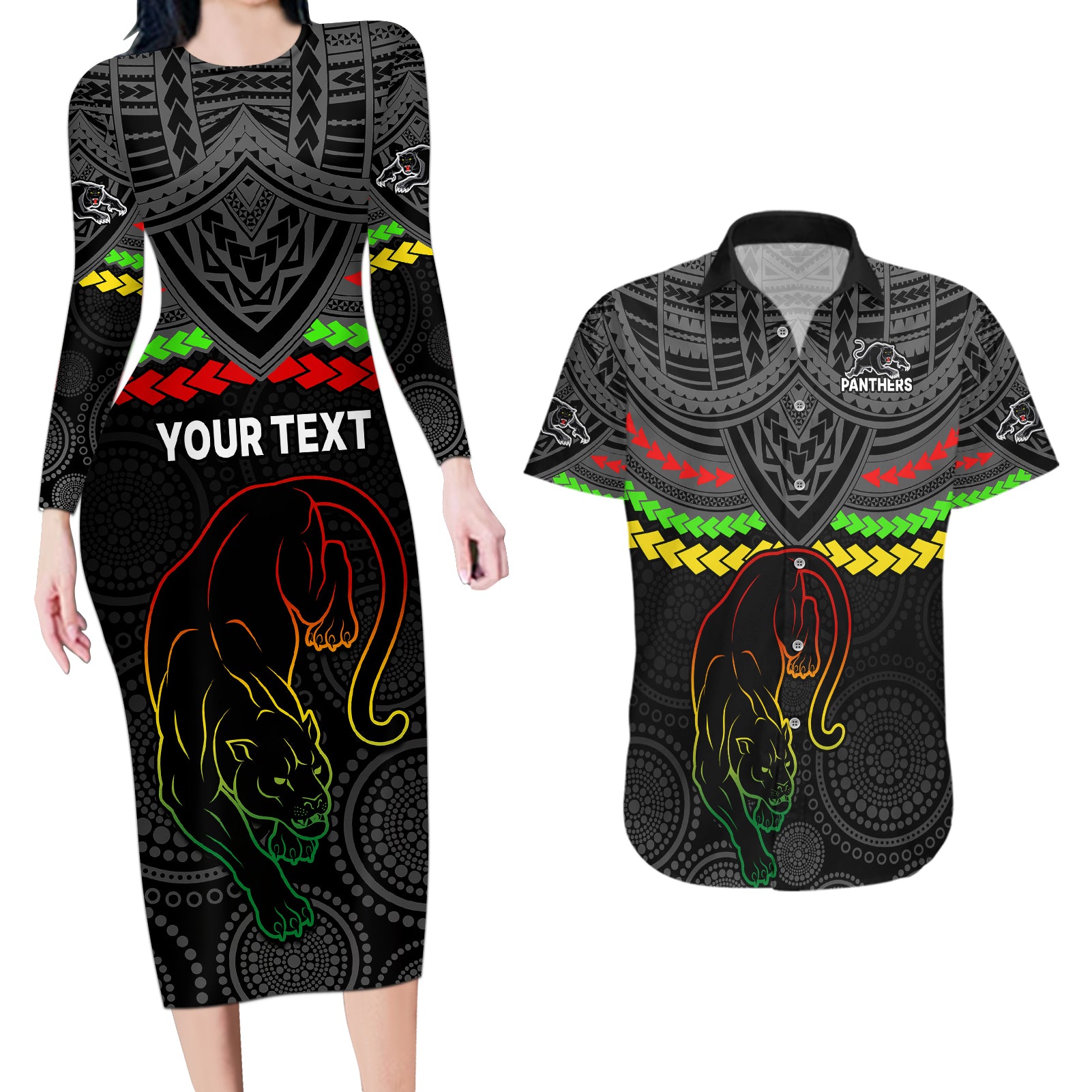 custom-panthers-rugby-couples-matching-long-sleeve-bodycon-dress-and-hawaiian-shirt-polynesian-and-aboriginal-vibe
