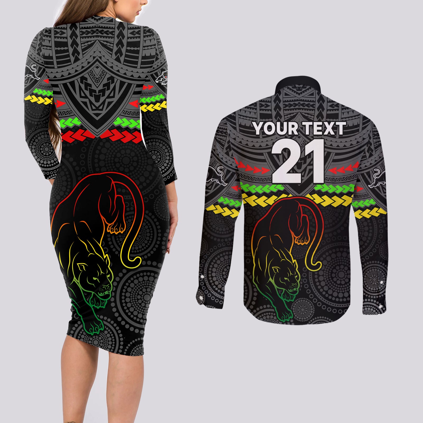 custom-panthers-rugby-couples-matching-long-sleeve-bodycon-dress-and-long-sleeve-button-shirts-polynesian-and-aboriginal-vibe