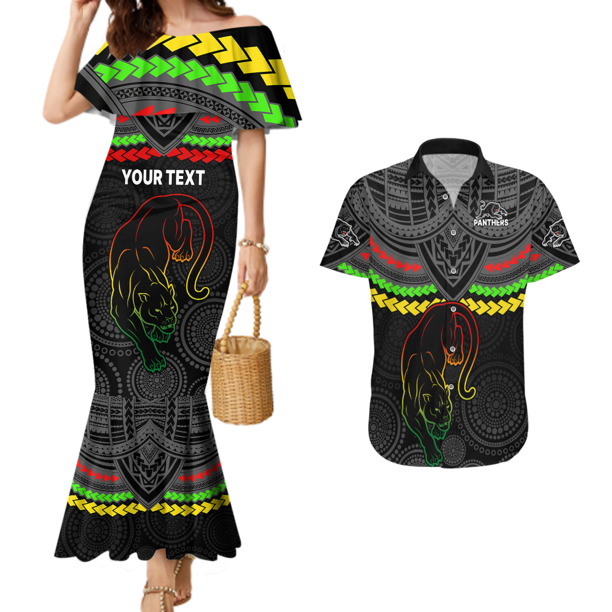custom-panthers-rugby-couples-matching-mermaid-dress-and-hawaiian-shirt-polynesian-and-aboriginal-vibe
