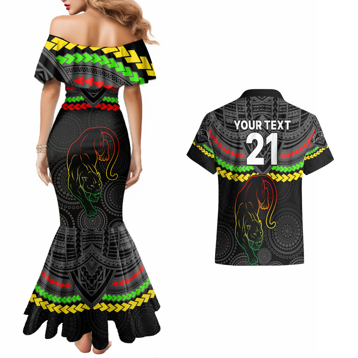 custom-panthers-rugby-couples-matching-mermaid-dress-and-hawaiian-shirt-polynesian-and-aboriginal-vibe