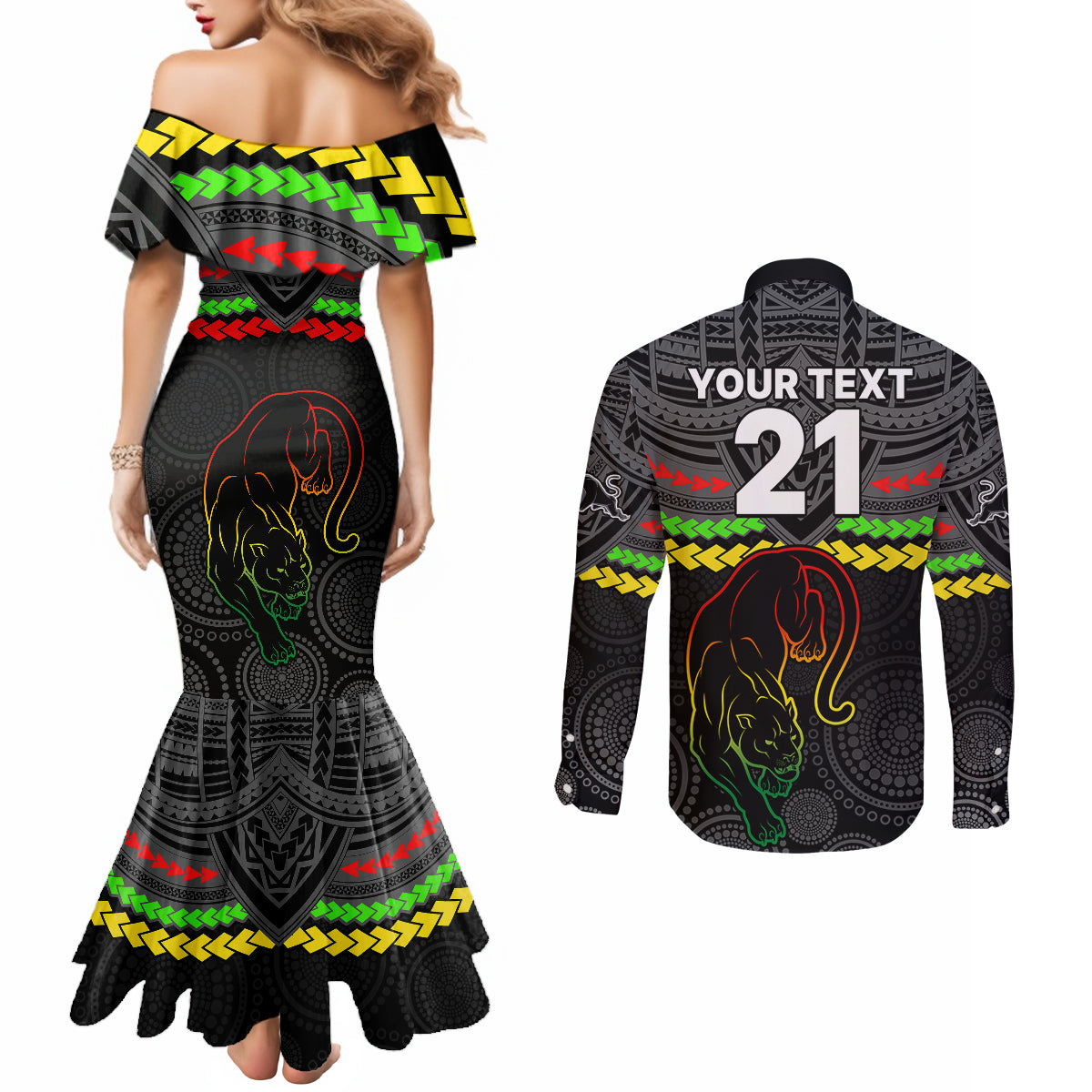 custom-panthers-rugby-couples-matching-mermaid-dress-and-long-sleeve-button-shirts-polynesian-and-aboriginal-vibe