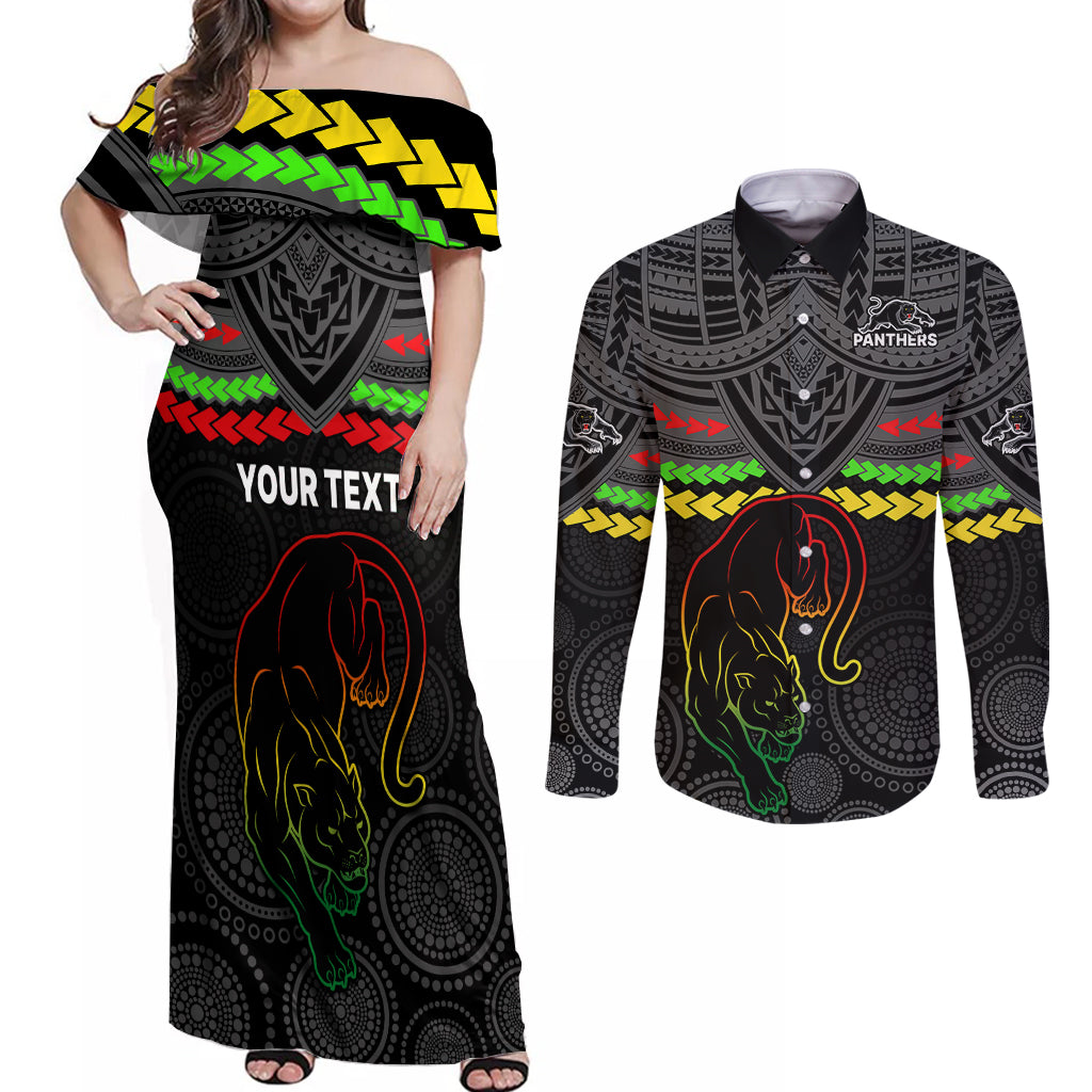 custom-panthers-rugby-couples-matching-off-shoulder-maxi-dress-and-long-sleeve-button-shirts-polynesian-and-aboriginal-vibe