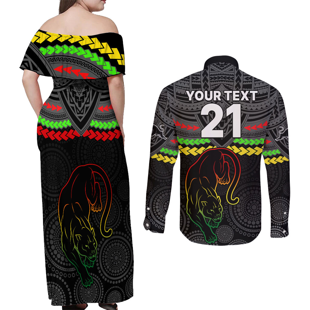 custom-panthers-rugby-couples-matching-off-shoulder-maxi-dress-and-long-sleeve-button-shirts-polynesian-and-aboriginal-vibe