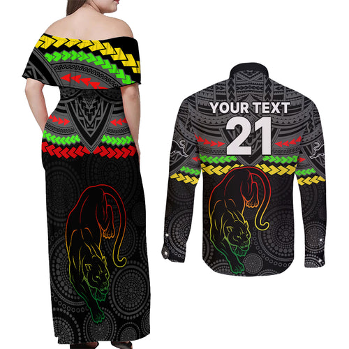 custom-panthers-rugby-couples-matching-off-shoulder-maxi-dress-and-long-sleeve-button-shirts-polynesian-and-aboriginal-vibe
