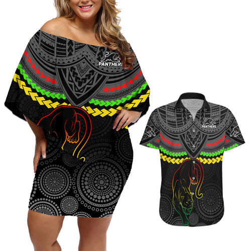 custom-panthers-rugby-couples-matching-off-shoulder-short-dress-and-hawaiian-shirt-polynesian-and-aboriginal-vibe