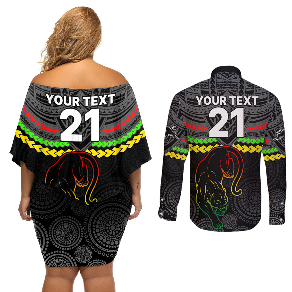 custom-panthers-rugby-couples-matching-off-shoulder-short-dress-and-long-sleeve-button-shirts-polynesian-and-aboriginal-vibe