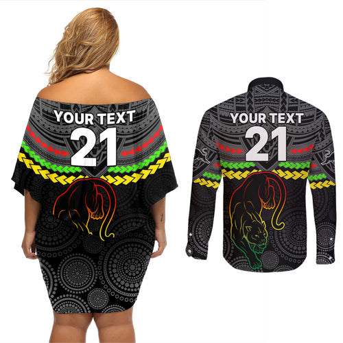 custom-panthers-rugby-couples-matching-off-shoulder-short-dress-and-long-sleeve-button-shirts-polynesian-and-aboriginal-vibe