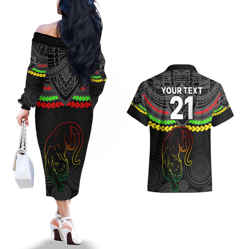custom-panthers-rugby-couples-matching-off-the-shoulder-long-sleeve-dress-and-hawaiian-shirt-polynesian-and-aboriginal-vibe