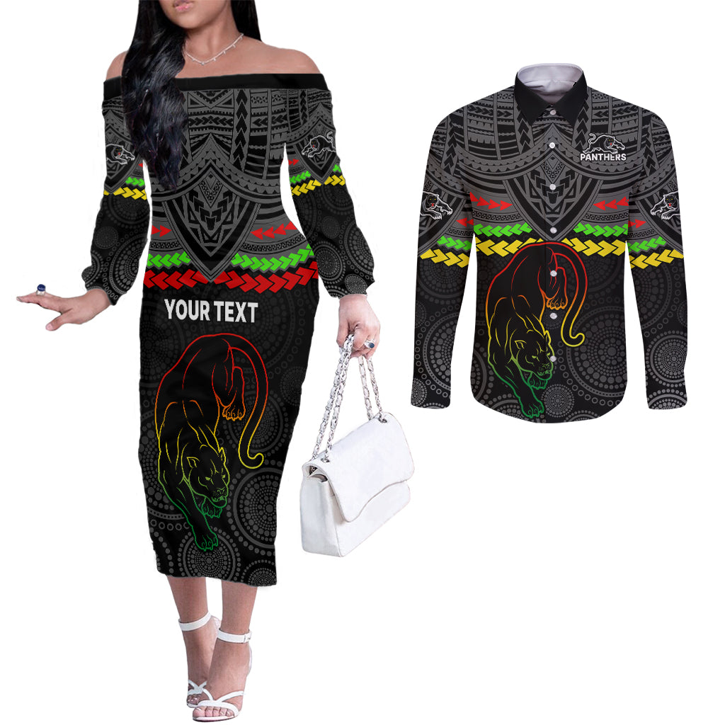 custom-panthers-rugby-couples-matching-off-the-shoulder-long-sleeve-dress-and-long-sleeve-button-shirts-polynesian-and-aboriginal-vibe