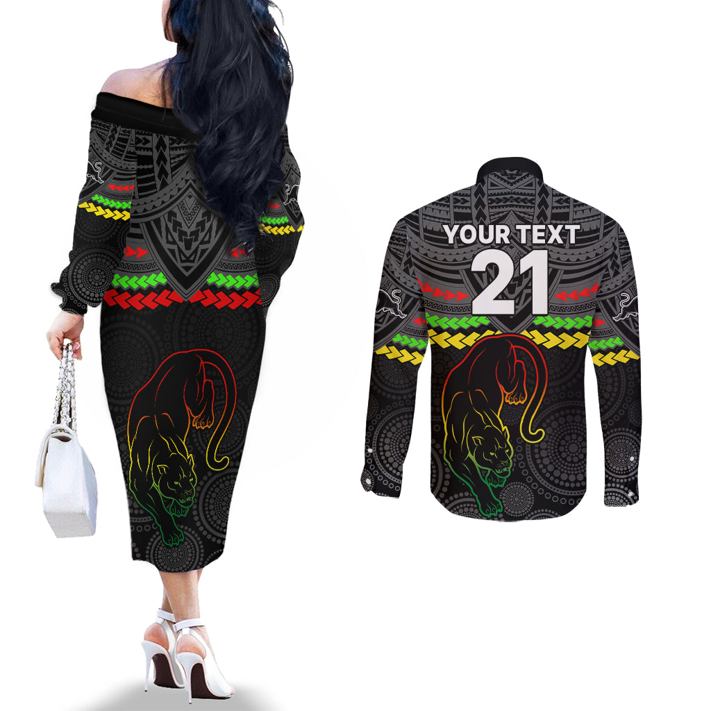 custom-panthers-rugby-couples-matching-off-the-shoulder-long-sleeve-dress-and-long-sleeve-button-shirts-polynesian-and-aboriginal-vibe