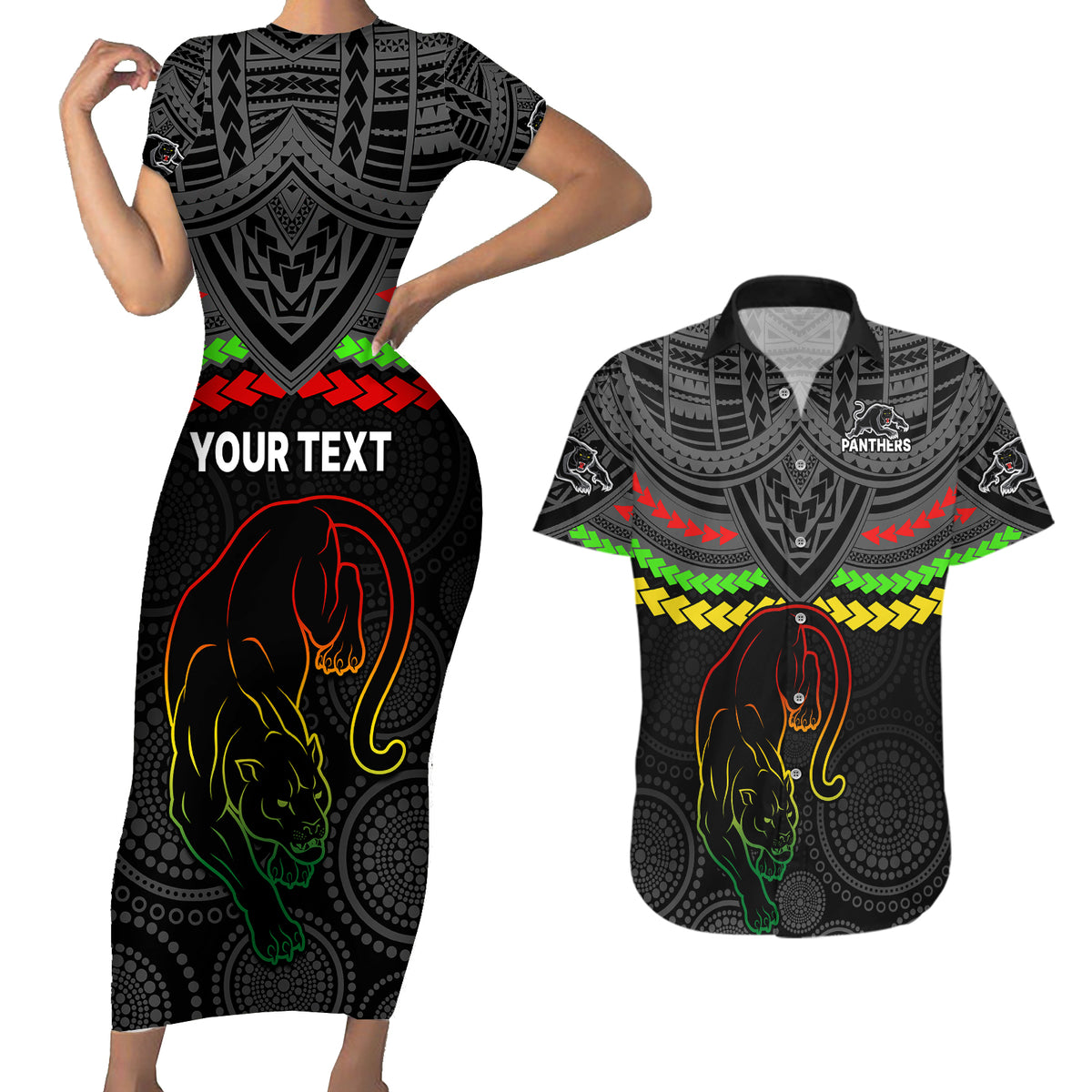 custom-panthers-rugby-couples-matching-short-sleeve-bodycon-dress-and-hawaiian-shirt-polynesian-and-aboriginal-vibe