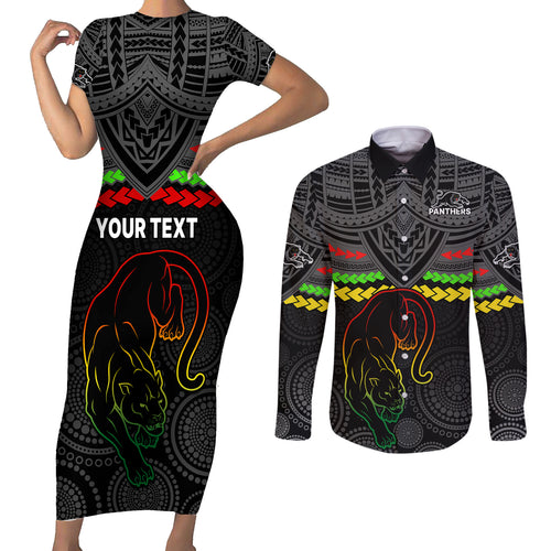 custom-panthers-rugby-couples-matching-short-sleeve-bodycon-dress-and-long-sleeve-button-shirts-polynesian-and-aboriginal-vibe