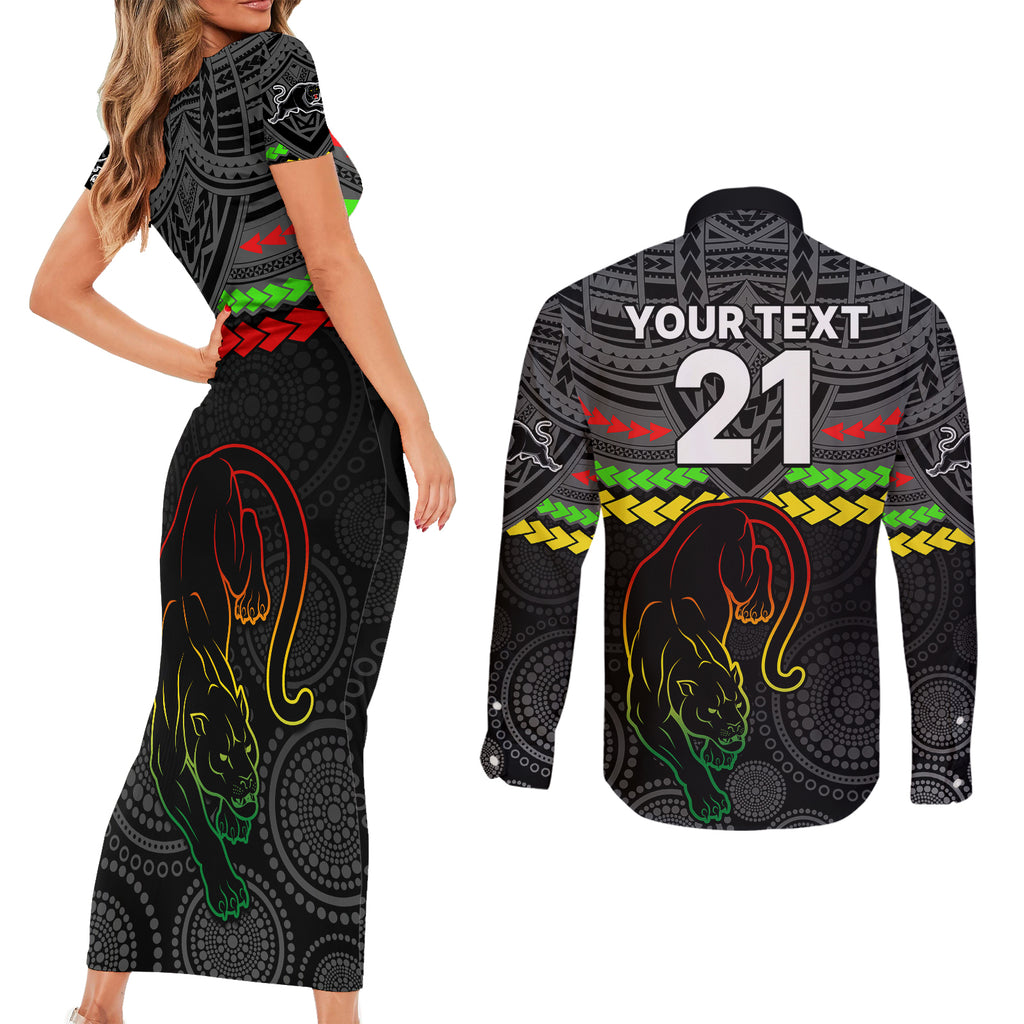 custom-panthers-rugby-couples-matching-short-sleeve-bodycon-dress-and-long-sleeve-button-shirts-polynesian-and-aboriginal-vibe