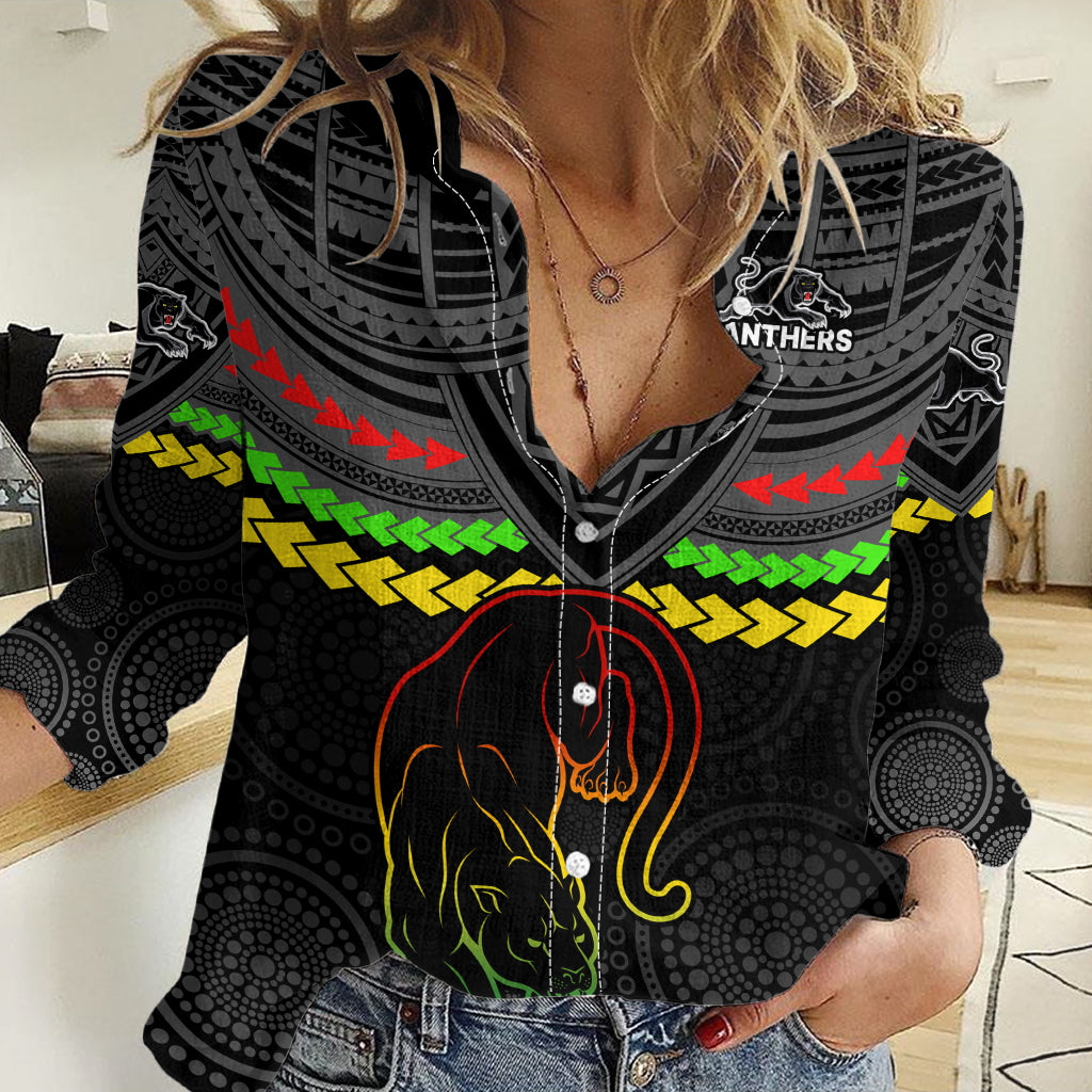 Custom Panthers Rugby Women Casual Shirt Polynesian and Aboriginal Vibe LT9