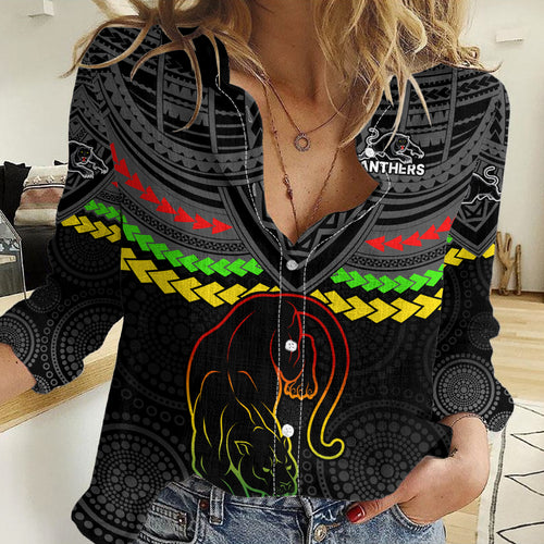 Custom Panthers Rugby Women Casual Shirt Polynesian and Aboriginal Vibe LT9