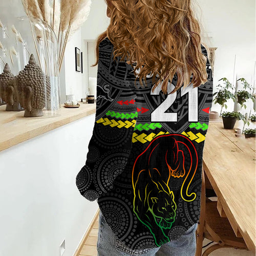Custom Panthers Rugby Women Casual Shirt Polynesian and Aboriginal Vibe LT9