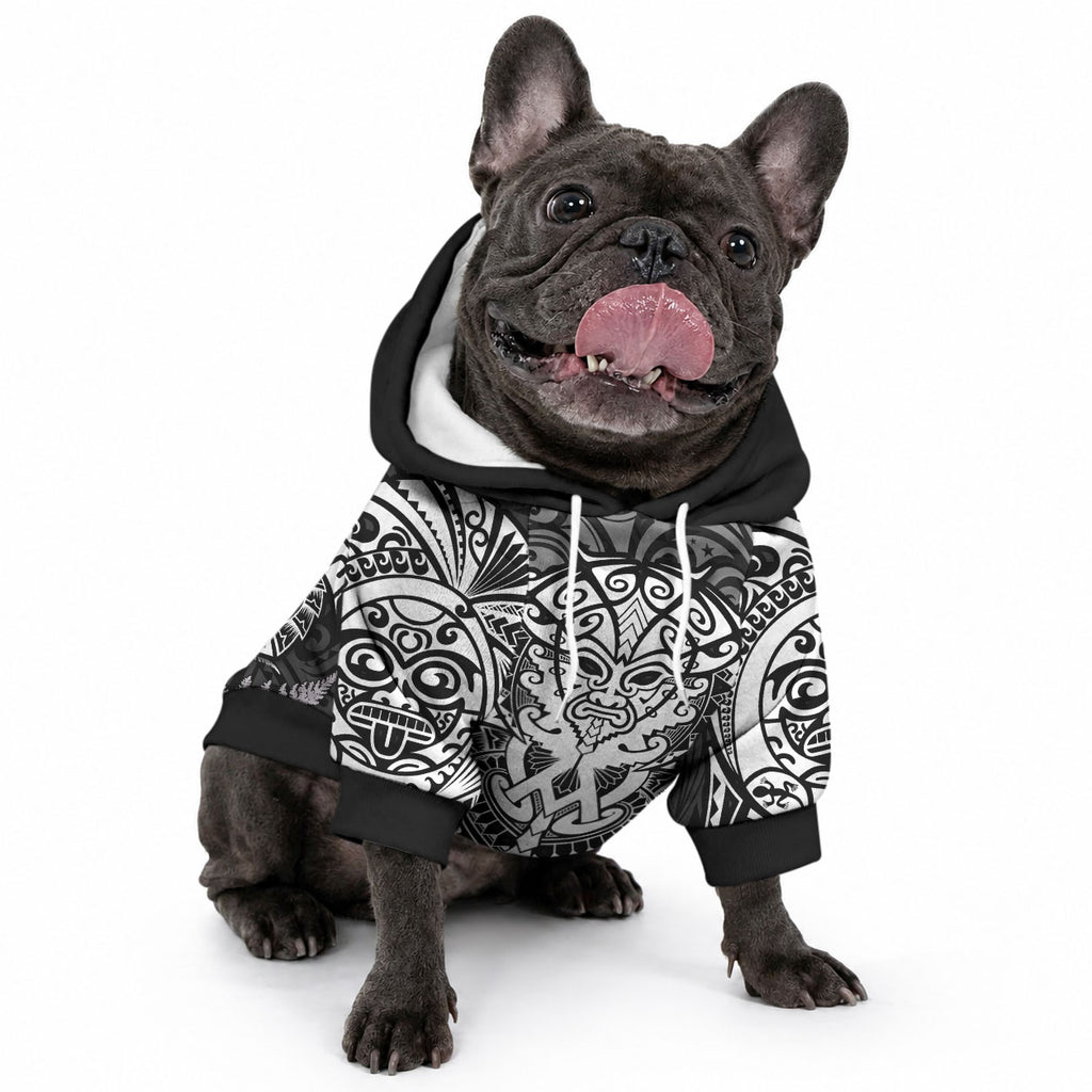 New Zealand Maori Rugby Pet Hoodie Silver Fern All Black Mix Ta Moko White Style