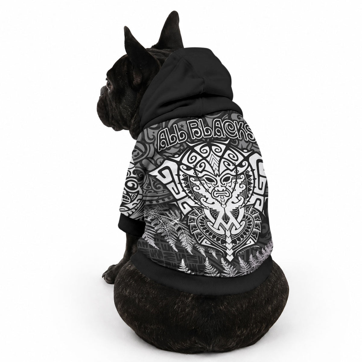 New Zealand Maori Rugby Pet Hoodie Silver Fern All Black Mix Ta Moko White Style