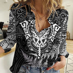 New Zealand Rugby Women Casual Shirt Silver Fern All Black Mix Ta Moko White Style LT9
