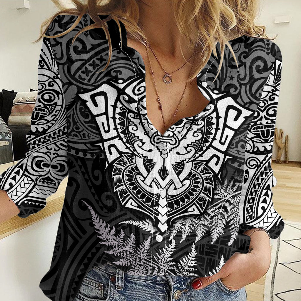New Zealand Rugby Women Casual Shirt Silver Fern All Black Mix Ta Moko White Style LT9