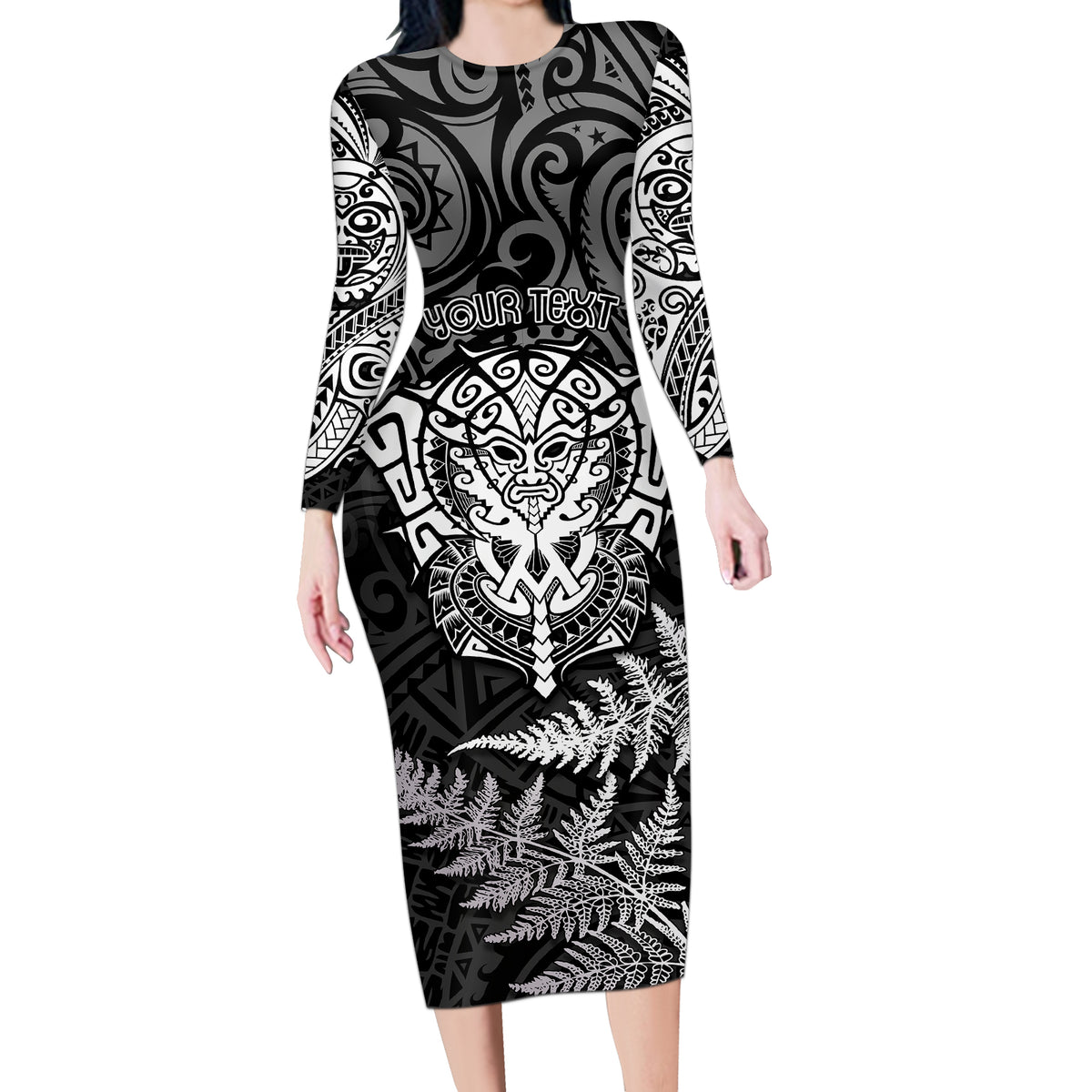 personalised-new-zealand-rugby-long-sleeve-bodycon-dress-silver-fern-all-black-mix-ta-moko-white-style