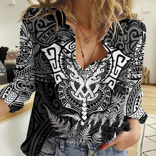 Personalised New Zealand Rugby Women Casual Shirt Silver Fern All Black Mix Ta Moko White Style LT9