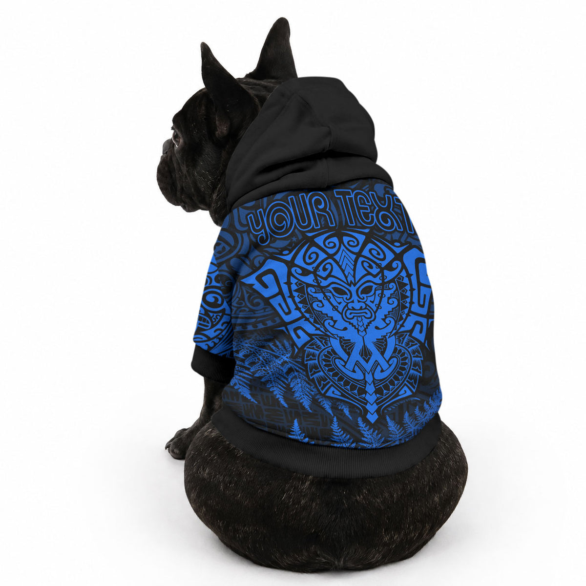 Personalised New Zealand Maori Rugby Pet Hoodie Silver Fern All Black Mix Ta Moko Blue Style