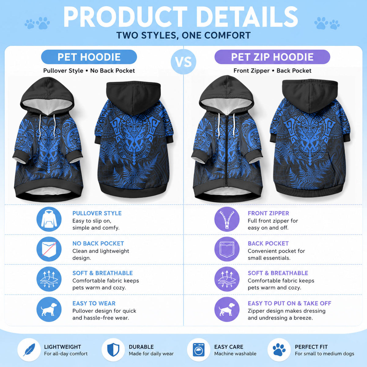 Personalised New Zealand Maori Rugby Pet Hoodie Silver Fern All Black Mix Ta Moko Blue Style