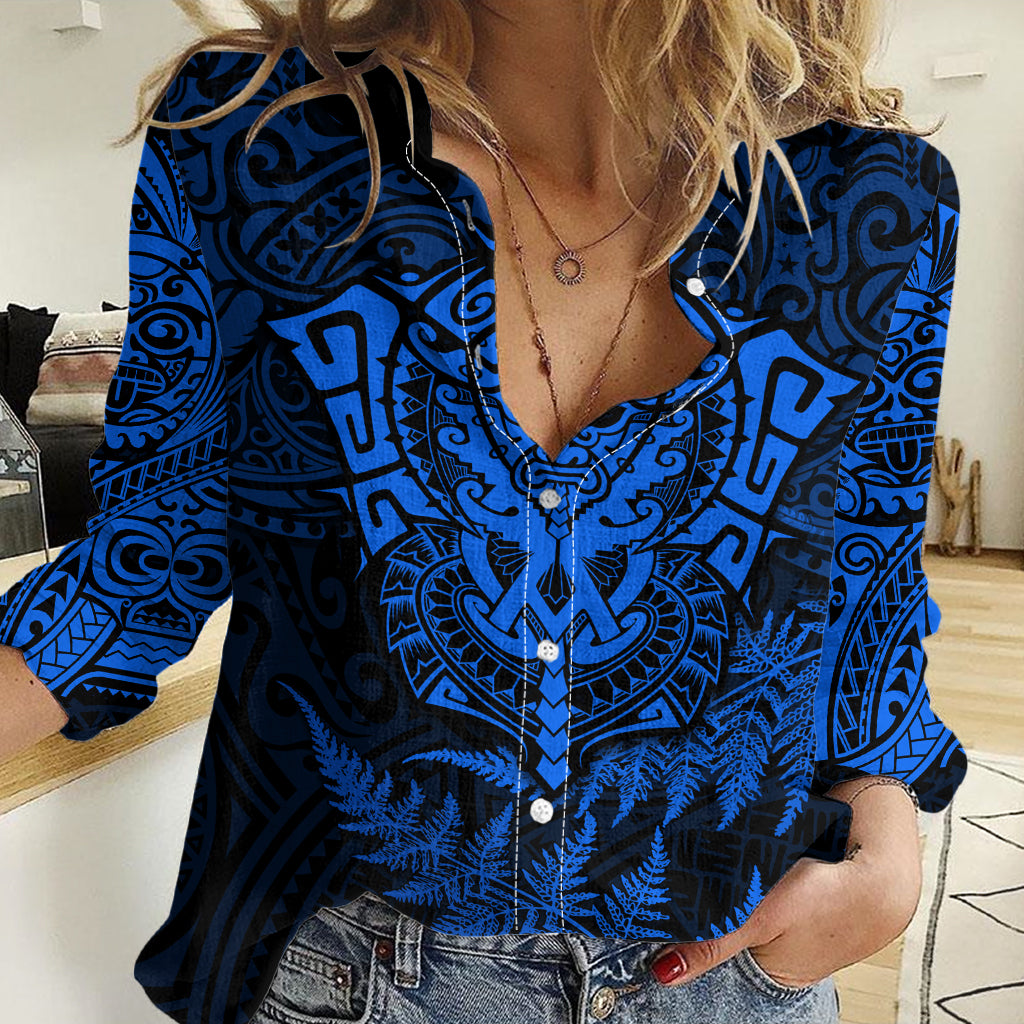 Personalised New Zealand Rugby Women Casual Shirt Silver Fern All Black Mix Ta Moko Blue Style LT9