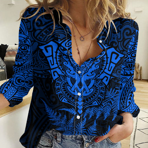 Personalised New Zealand Rugby Women Casual Shirt Silver Fern All Black Mix Ta Moko Blue Style LT9