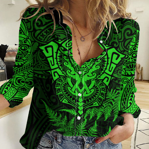 New Zealand Rugby Women Casual Shirt Silver Fern All Black Mix Ta Moko Green Style LT9