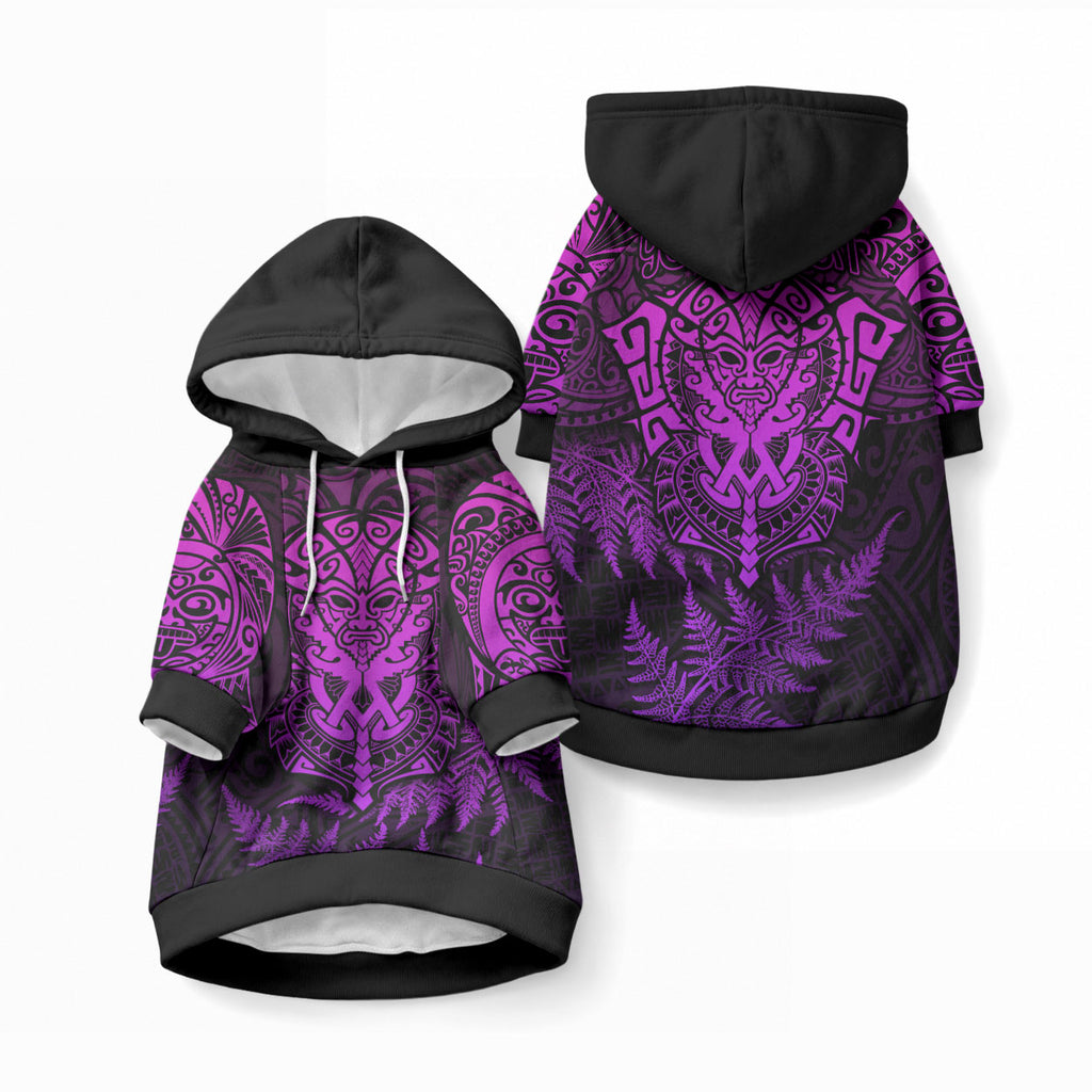 Personalised New Zealand Maori Rugby Pet Hoodie Silver Fern All Black Mix Ta Moko Purple Style